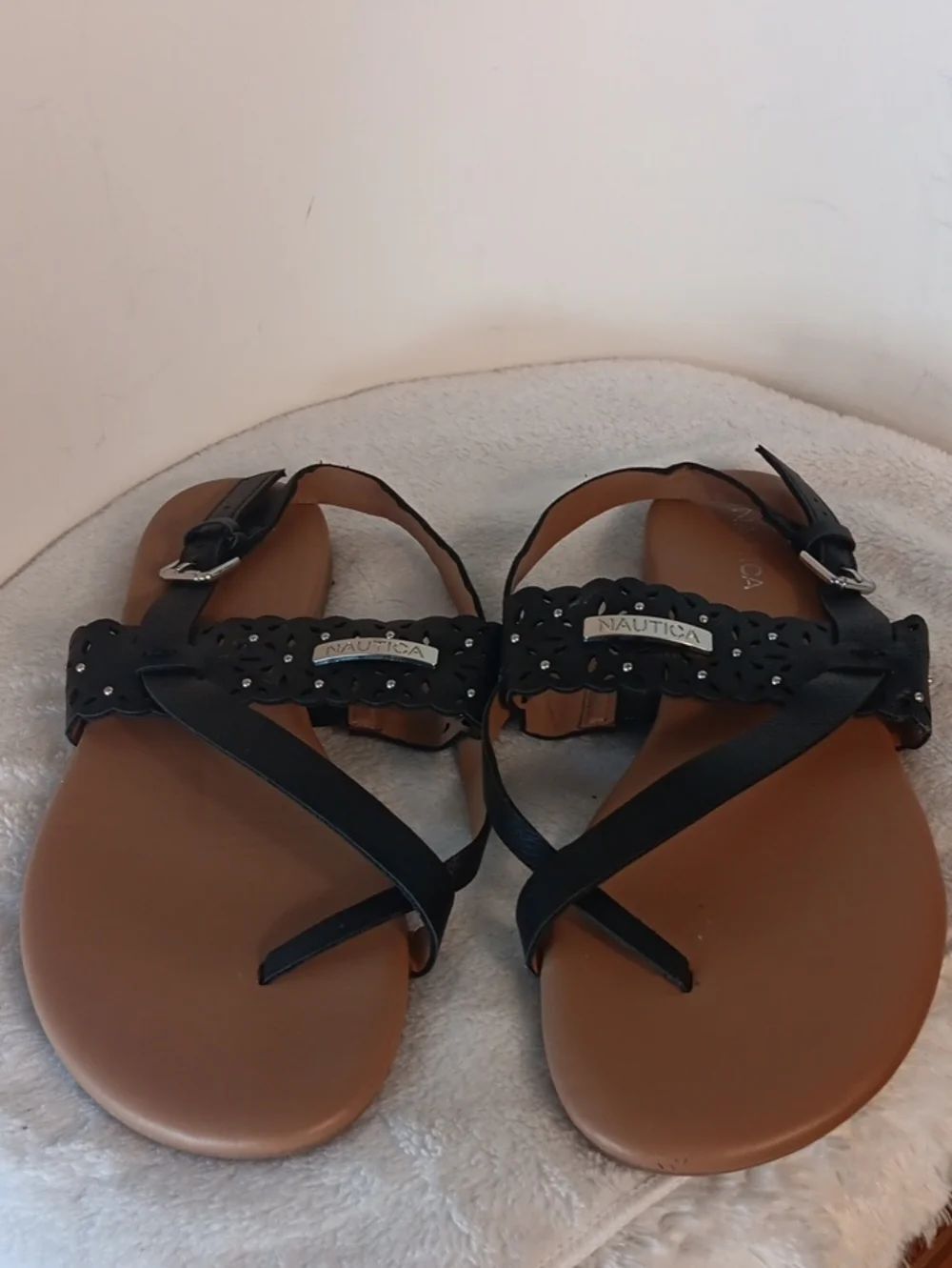 Nautica Black Braided Toe-Loop Sandals with Tan Footbed